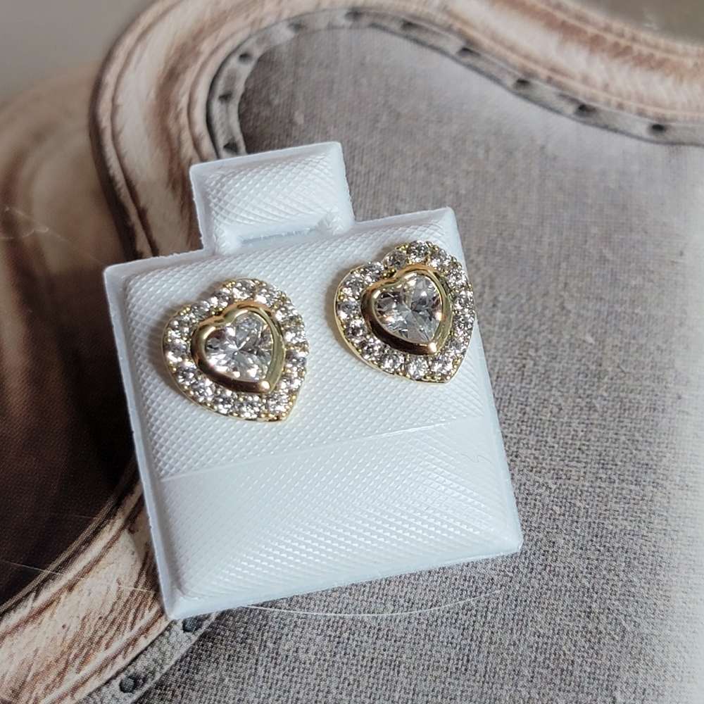 Gold plated heart Stud Earrings Cubic zirconia 10mm Valentines *